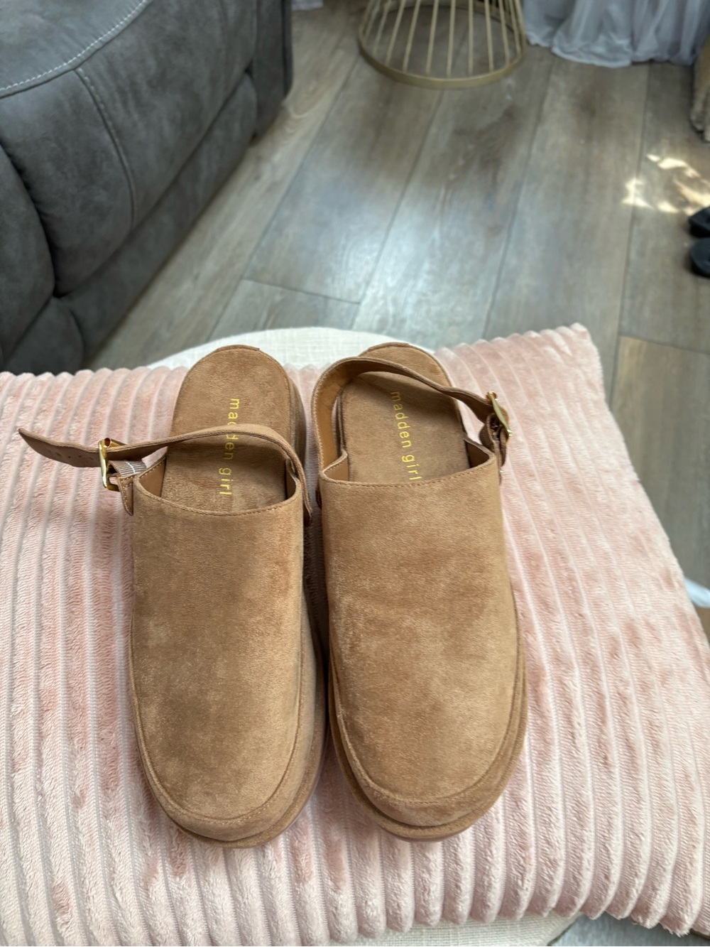 Madden Girl Tan Suede Slip-On Mule with Backstrap